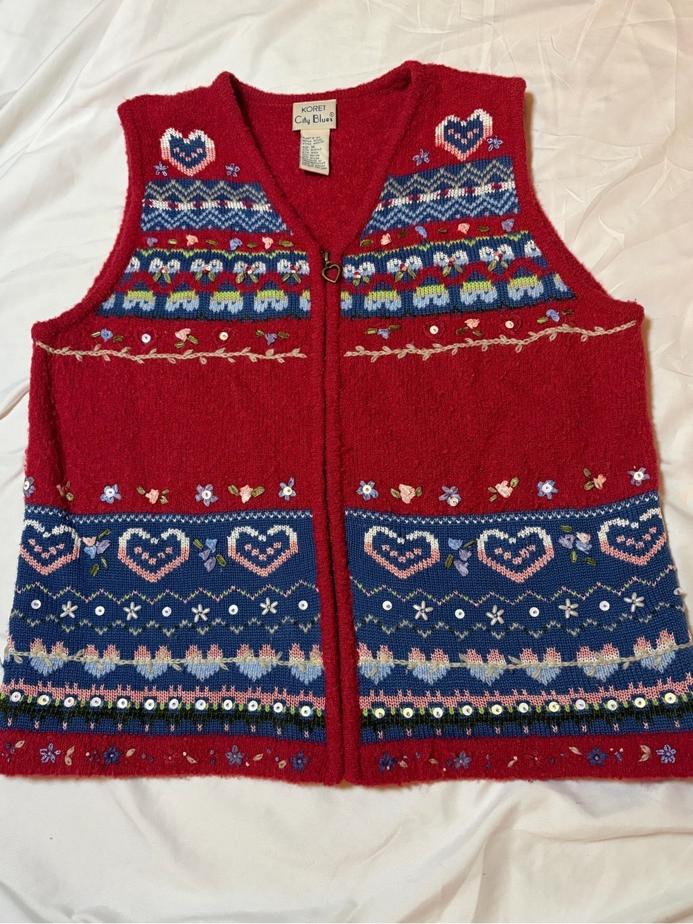 Koret City Blues Women’s Sweater Vest M Red Cottagecore Hearts 90s  Wool Blend